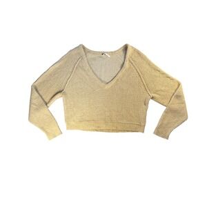 Free People Beige Knit V Neck Long Sleeve‎ Cropped Sweater Top - M